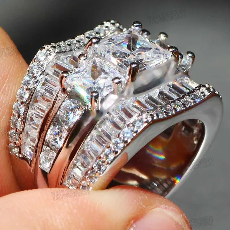 Luxury  Silver White Sapphire Flower Ring Natural Gemstones Birthstone Engagement Rings Wedding Anniversary Bride Women Man Princess Cross Ring Size 6 7 8 9 10