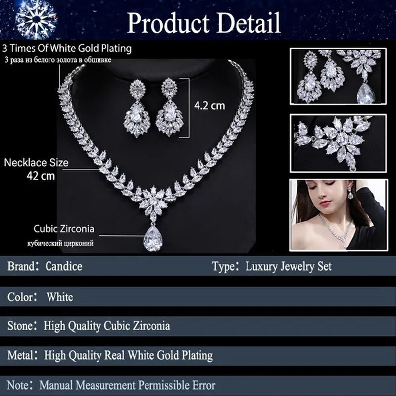 CANDICE Hand-Inlay Sparkling AAA+ CZ Stone Luxury Wedding Bridal Jewelry Set Classic Platinum Plated Water Drop Pendant Necklace Earrings for Women Party