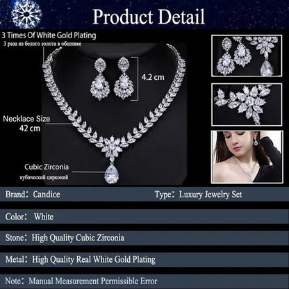 CANDICE Hand-Inlay Sparkling AAA+ CZ Stone Luxury Wedding Bridal Jewelry Set Classic Platinum Plated Water Drop Pendant Necklace Earrings for Women Party