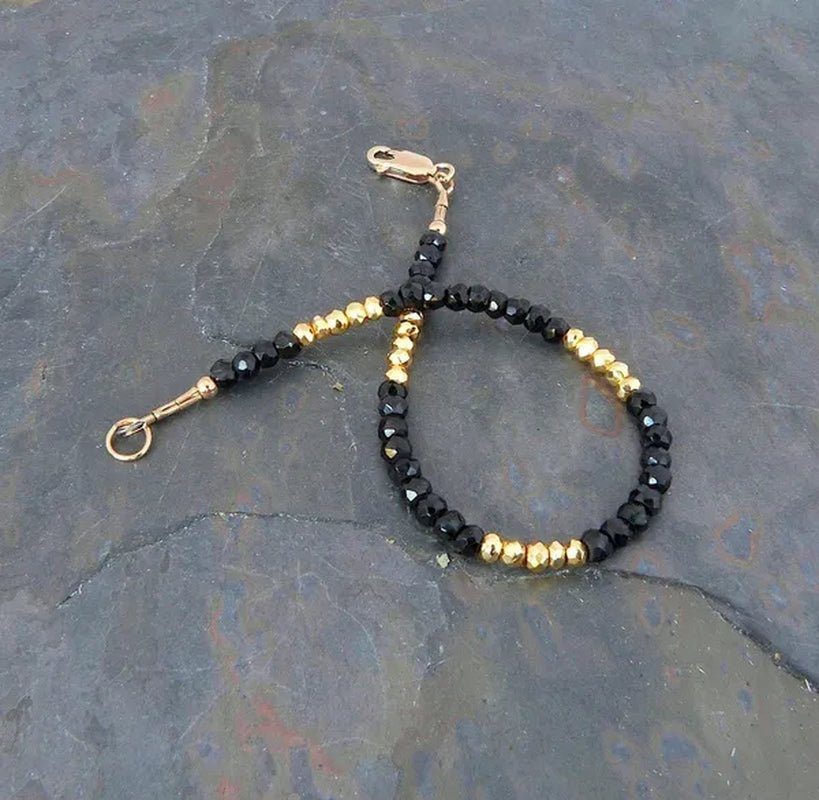 Faceted Black Spinel Gemstone & Gold Pyrite Bracelet - WORLD TIME VISITS