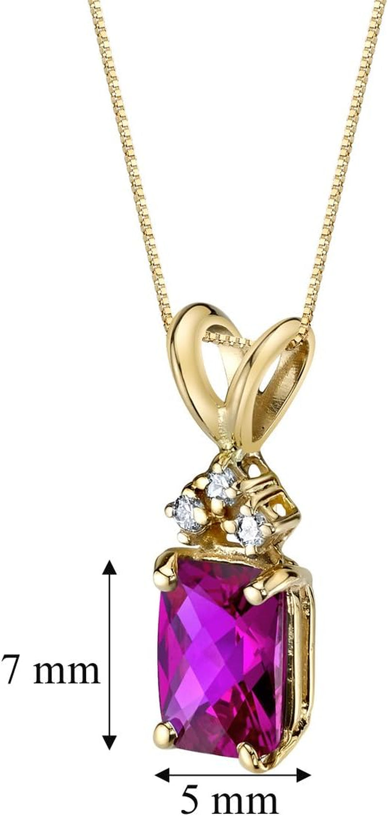 Created Ruby with Genuine Diamond Pendant in 14 Karat Yellow Gold, Elegant Solitaire, Radiant Cut, 7X5Mm, 1.30 Carats Total