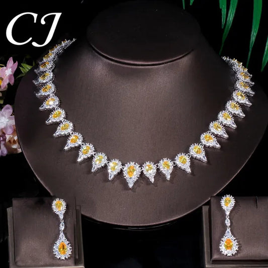 CANDICE Stunning Pave Yellow Citrine Luxury Jewelry Pear Shape CZ Crystal Choker Necklace And Earrings Bride Set for Women Party Wedding Accessories