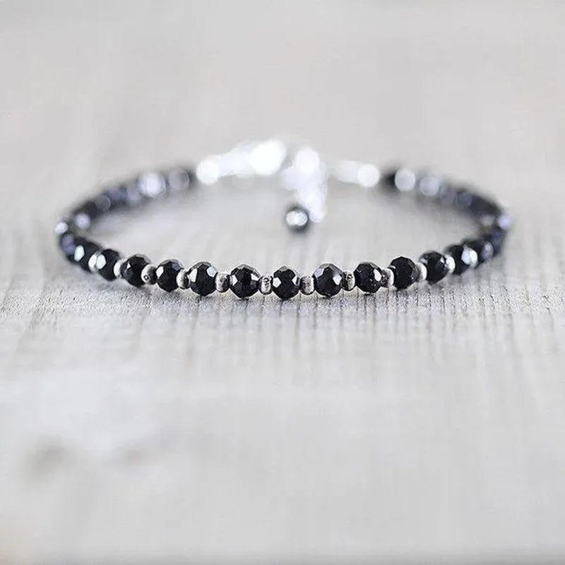 Black Spinel, Sterling & Karen Hill Tribe Silver Bracelet Boho Beaded Gemstone Bracelet Dainty Stacking Bracelet - WORLD TIME VISITS