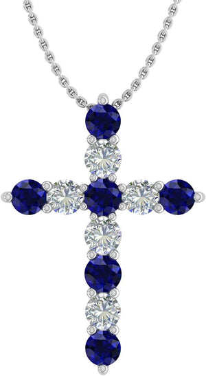 2 Carat Blue Sapphire & White Diamond Cross Pendant Necklace in 14K Gold (Silver Chain Included)