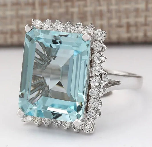 Fashion 9.36CT Natural Aquamarine 925 Sterling Silver Cocktail Ring Size 6 - 10 - WORLD TIME VISITS