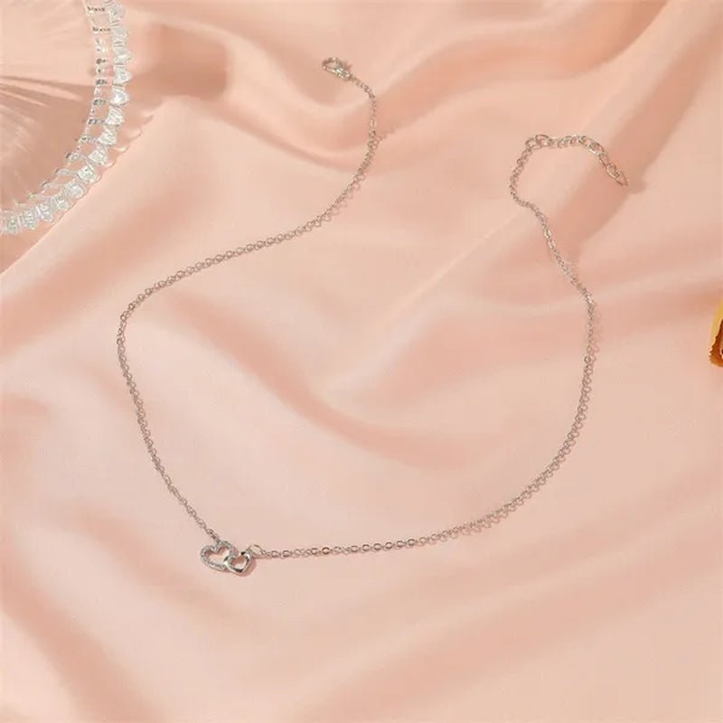 Fashion Gold and Silver Double Heart Necklace Necklace Crystal Diamond Pendant Necklace Gift for Woman - WORLD TIME VISITS