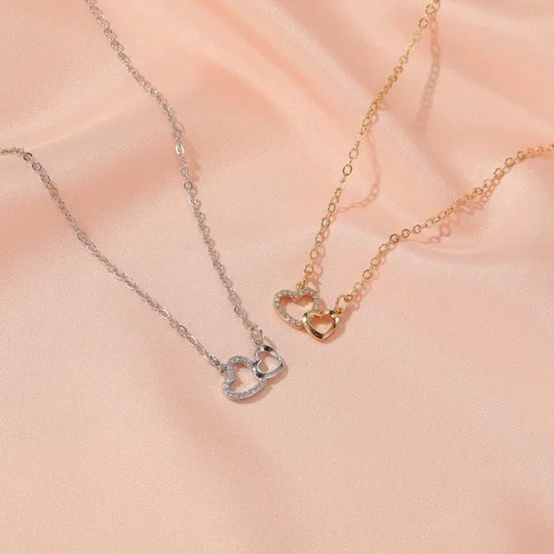 Fashion Gold and Silver Double Heart Necklace Necklace Crystal Diamond Pendant Necklace Gift for Woman - WORLD TIME VISITS