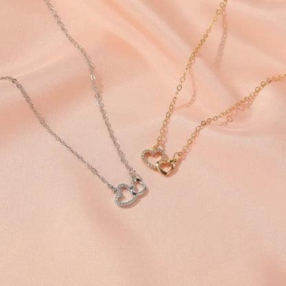 Fashion Gold and Silver Double Heart Necklace Necklace Crystal Diamond Pendant Necklace Gift for Woman - WORLD TIME VISITS