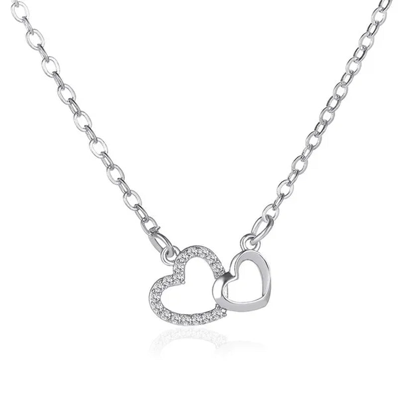 Fashion Gold and Silver Double Heart Necklace Necklace Crystal Diamond Pendant Necklace Gift for Woman - WORLD TIME VISITS