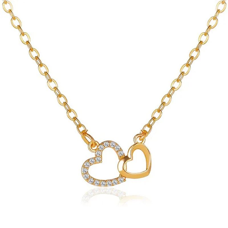 Fashion Gold and Silver Double Heart Necklace Necklace Crystal Diamond Pendant Necklace Gift for Woman - WORLD TIME VISITS
