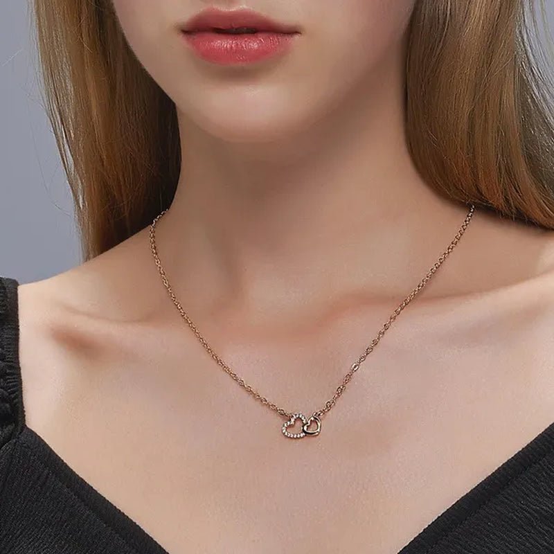 Fashion Gold and Silver Double Heart Necklace Necklace Crystal Diamond Pendant Necklace Gift for Woman - WORLD TIME VISITS