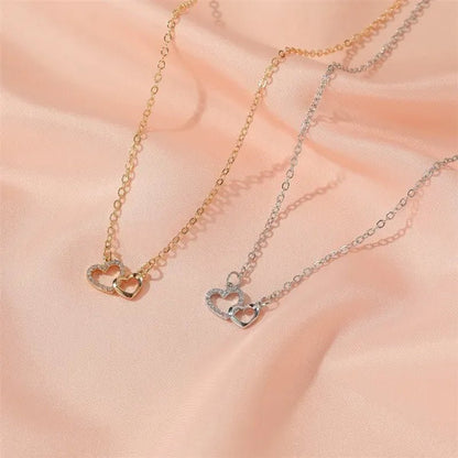 Fashion Gold and Silver Double Heart Necklace Necklace Crystal Diamond Pendant Necklace Gift for Woman - WORLD TIME VISITS