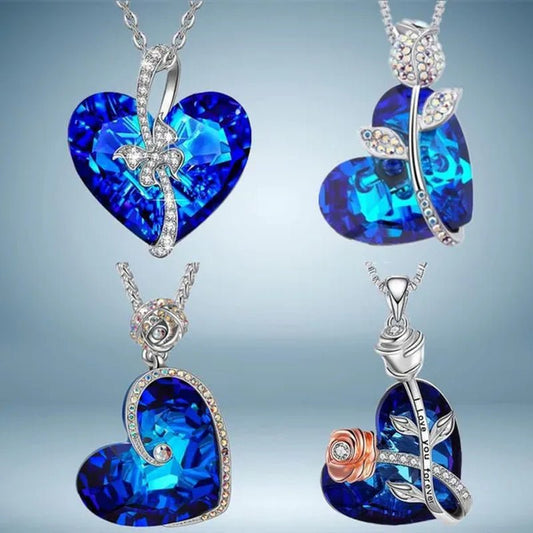 Fashion Heart Blue Crystal Necklace Double Layer Rose Zircon Pendant Engagement Necklaces for Women Rose Jewelry Birthday Party Anniversary Gift - WORLD TIME VISITS