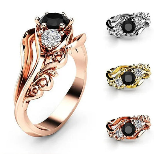 Fashion Ladies Rose Gold Leaf Vine Black Gemstone Rings Jewelry Bridal Romantic Engagement Proposal Gift - WORLD TIME VISITS