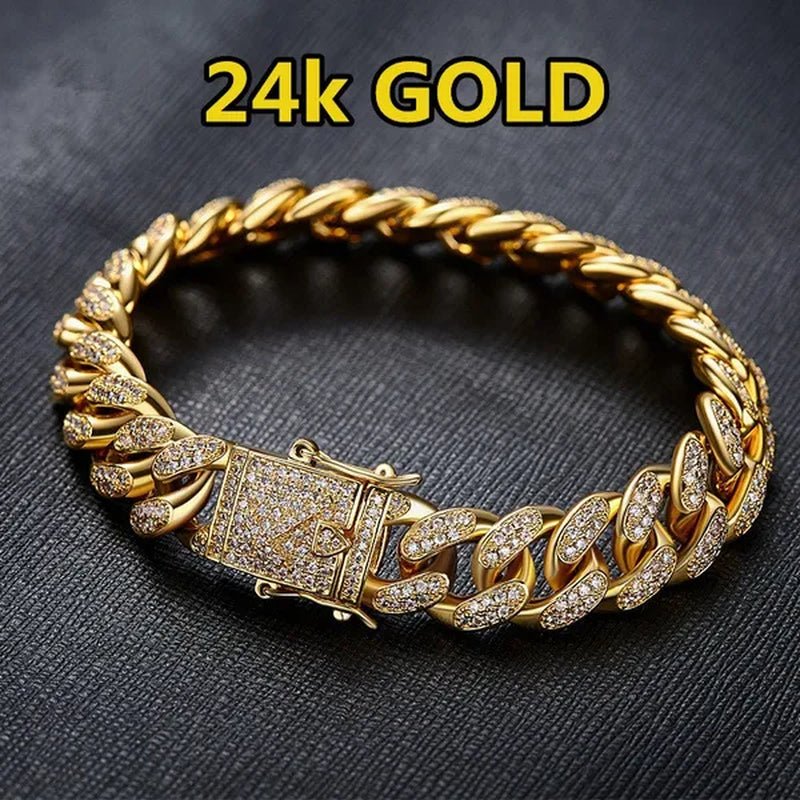 Fashion Mens Womens Chain Hiphop Iced Out Curb Cuban 24K / 18K / 925 Silver Gold Plated Bracelet W Paved Clear Rhinestones Cuban Bracelet - WORLD TIME VISITS