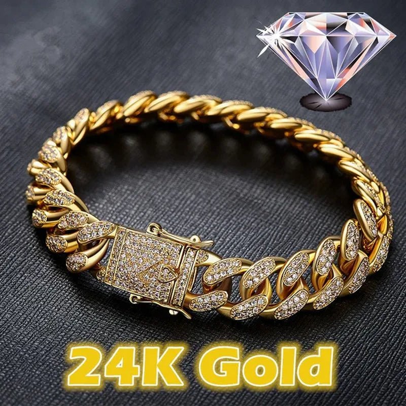 Fashion Mens Womens Chain Hiphop Iced Out Curb Cuban 24K / 18K / 925 Silver Gold Plated Bracelet W Paved Clear Rhinestones Cuban Bracelet - WORLD TIME VISITS