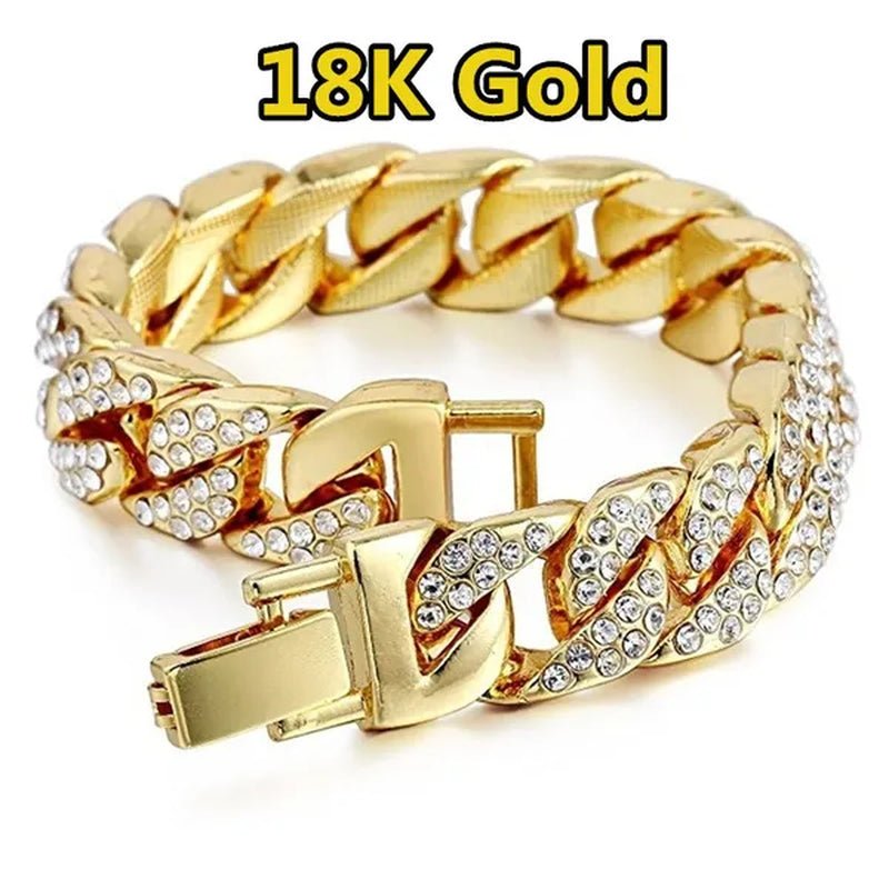 Fashion Mens Womens Chain Hiphop Iced Out Curb Cuban 24K / 18K / 925 Silver Gold Plated Bracelet W Paved Clear Rhinestones Cuban Bracelet - WORLD TIME VISITS