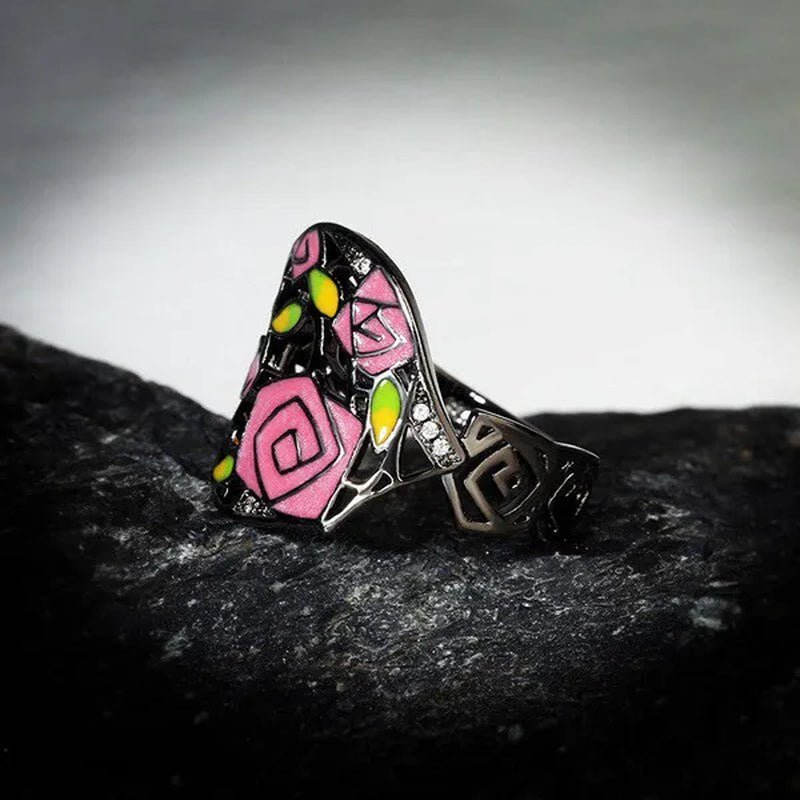 Fashion Personality Black Rose Lady Flower Ring 925 Silver Jewelry Hand - painted Oil Painting Handmade Enamel Ring Women Jewelry - WORLD TIME VISITS
