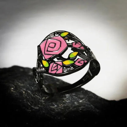 Fashion Personality Black Rose Lady Flower Ring 925 Silver Jewelry Hand - painted Oil Painting Handmade Enamel Ring Women Jewelry - WORLD TIME VISITS