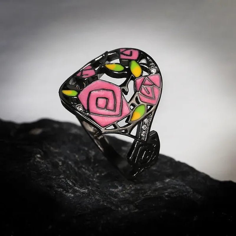 Fashion Personality Black Rose Lady Flower Ring 925 Silver Jewelry Hand - painted Oil Painting Handmade Enamel Ring Women Jewelry - WORLD TIME VISITS