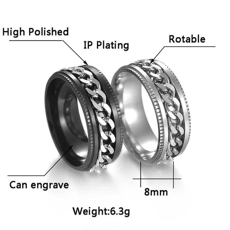 Fashion Punk Stainless Steel 8mm Rings for Men Chain Rings Biker Grooved Edge, Size 5 - 13 - WORLD TIME VISITS