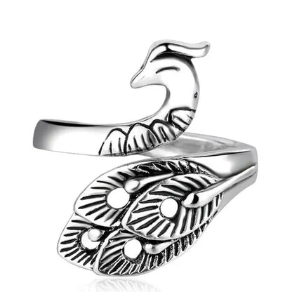 Fashion Retro 925 Sterling Silver Peacock Phoenix Open Adjustable Ring Women's Cocktail Party Animal Ring - WORLD TIME VISITS