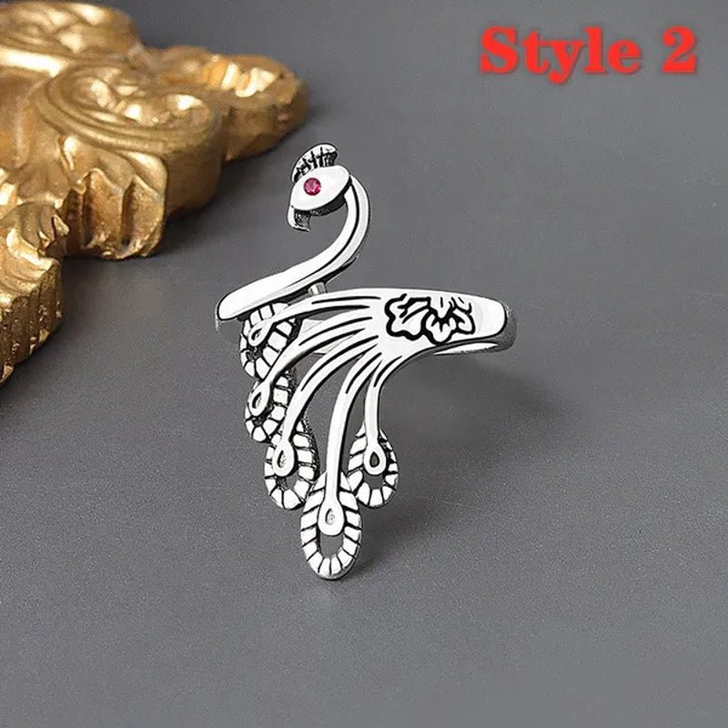 Fashion Retro 925 Sterling Silver Peacock Phoenix Open Adjustable Ring Women's Cocktail Party Animal Ring - WORLD TIME VISITS