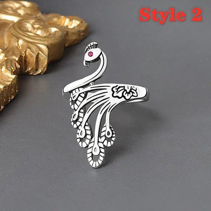 Fashion Retro 925 Sterling Silver Peacock Phoenix Open Adjustable Ring Women's Cocktail Party Animal Ring - WORLD TIME VISITS
