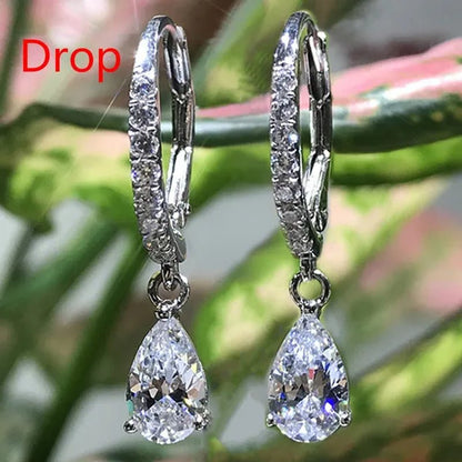 Fashion Silver Plated Inlay Diamond Engagement Bridal Wedding Dangle Earring for Women Pendant Earring Anniversary Gift Jewelry - WORLD TIME VISITS