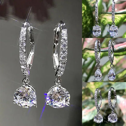 Fashion Silver Plated Inlay Diamond Engagement Bridal Wedding Dangle Earring for Women Pendant Earring Anniversary Gift Jewelry - WORLD TIME VISITS