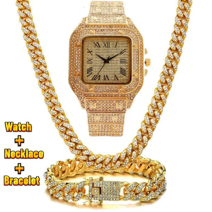 24K Gold / 925 Silver / Rose Gold Stainless Steel Hip Hop Jewelry Iced Out Diamond Thick Miami Cuban Link Chain Necklace Bracelet Watch for Men'S and Women'S Party Jewelry Set Nightclub Bar Fashion Accessories