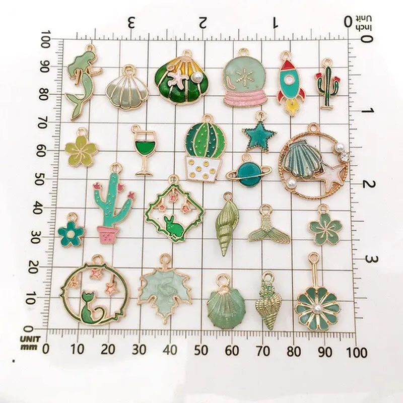 30Pcs Mixed Pattern Pink Drop Oil Fish Flower Horse Enamel Charm DIY Jewelry Bracelet Necklace Pendant Gold Tone Float Finding