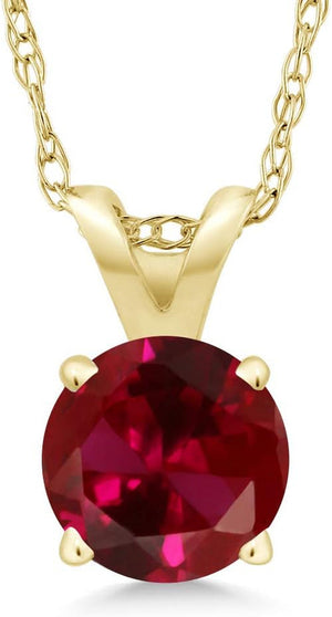 14K Yellow Gold Red Created Ruby Pendant Necklace for Women (1.00 Cttw, round with 18 Inch Chain)