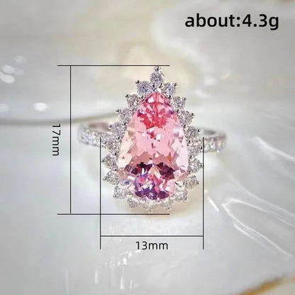 Luxurious High-quality Flower Shaped Silver Inlaid Dazzling Pink Zircon Women's Ring, Fashionable New Romantic Wedding Jewelry Accessories Christmas Gift, Anniversary Ring Valentine's Day Gift for Her
