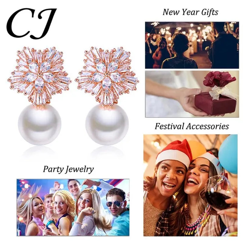 CANDICE Unique Rose Gold Plated Clear Cubic Zircon Snowflake Stud Earring with White Big Shell Pearl Brincos for Woman Christmas Gift