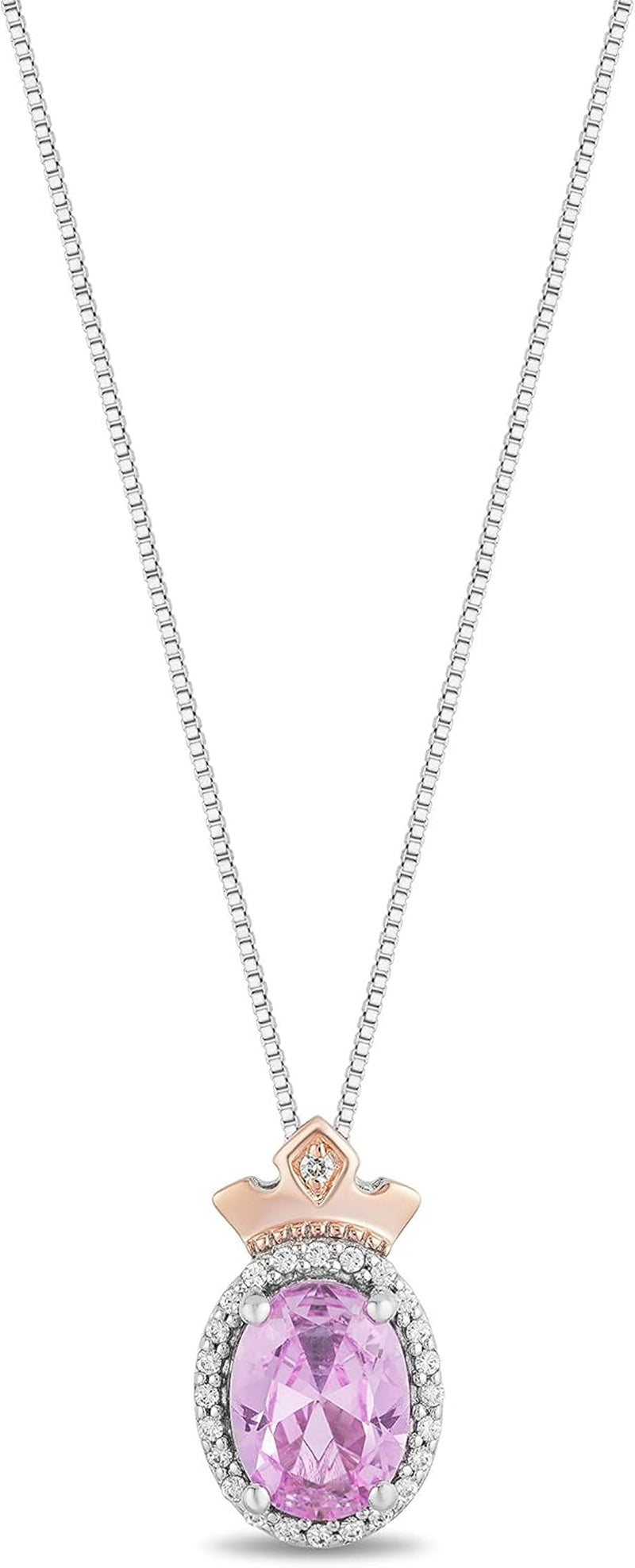 Enchanted Disney Fine Jewelry 14K Rose Gold over Sterling Silver 8X6 MM Oval Shape Created Pink Sapphire, 1/10 CTTW Natural White round Diamond Aurora Pendant Necklace, 18" Cable Chain