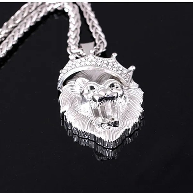 Titanium Steel Diamond Crown Lion Head Necklace Hip Hop Luminous Necklace Men's Gold-plated Punk Party Pendant Necklace