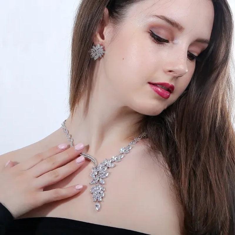 CANDICE Gorgeous Big Long Flower Pendant Necklace Earrings and Bracelet Bridal 3pcs Set Pave Brilliant Marquise Cubic Zirconia Platinum Plated Wedding Party Jewelry for Women