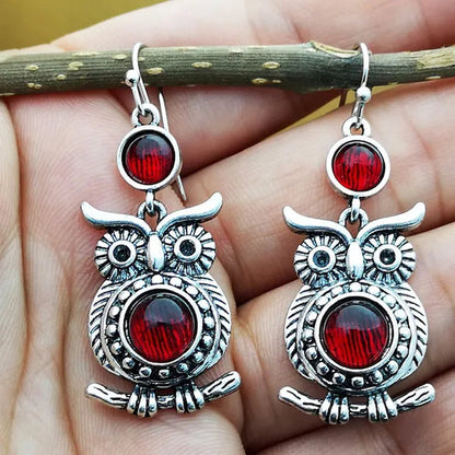 Retro Tibetan Silver Natural Ruby Sapphire Inlay Owl Ear Hook Dangle Earrings Gift for Women - WORLD TIME VISITS