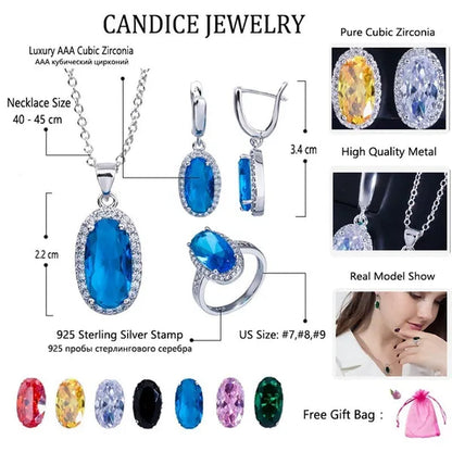 CANDICE Fashion Women Sterling Silver Plated Jewelry Sets for Girls Lovely Oval Pink CZ Stone Party Necklace Earrings Ring Set（Us 7-9)