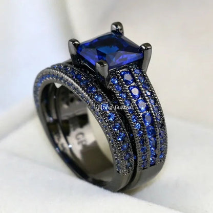 Two Rings Couple Rings Tungsten Steel Men's Rings 18k Black Gold Filled Princess cut Sapphire Women's Wedding Ring Sets
