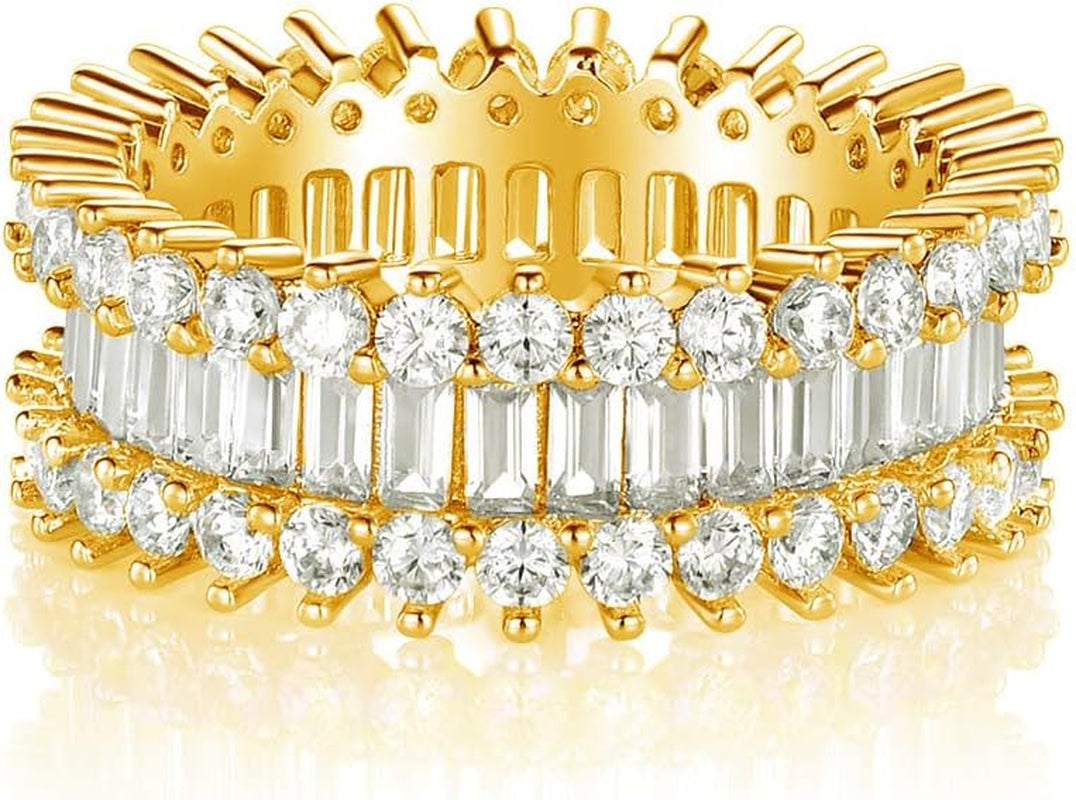 Eternity Rings 18K White Gold Plated Emerald Cut Cubic Zirconia Ring Halo Wedding Band for Women Men