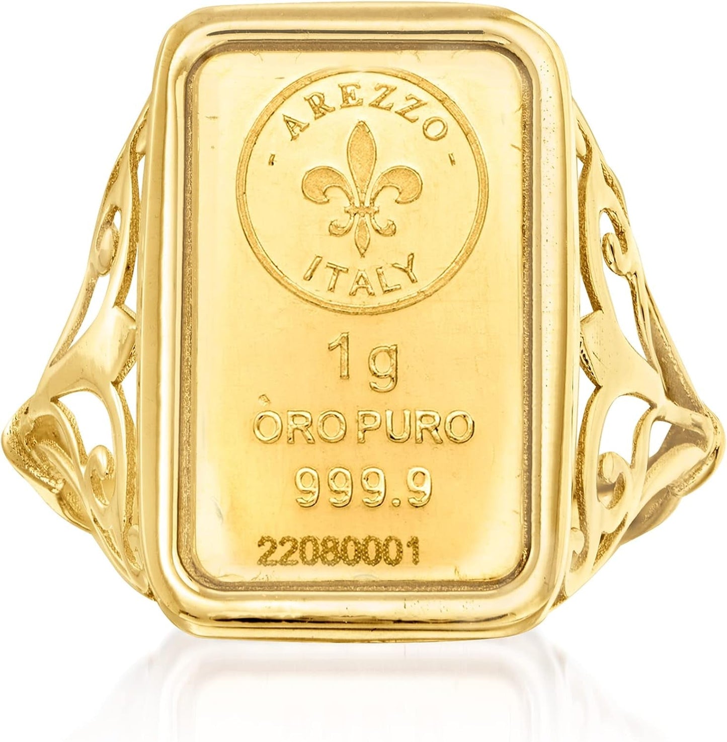 Italian 24Kt Yellow Gold Fleur-De-Lis 1-Gram Ingot Ring with 14Kt Yellow Gold Band. Size 5