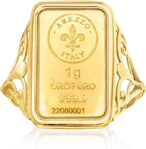 Italian 24Kt Yellow Gold Fleur-De-Lis 1-Gram Ingot Ring with 14Kt Yellow Gold Band