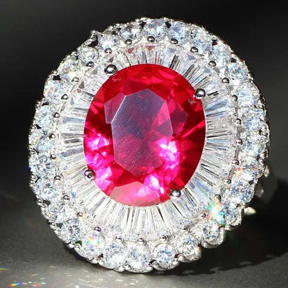 Luxurious  Silver Natural Gemstones Ruby And White Sapphire Wedding Birthstone Bride Engagement Multilevel Square Ring Jewelry Size 6 7 8 9 10