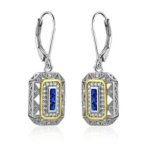 Retro 925 Sterling Silver Blue Sapphire Gemstone Newshe Drop Dangle Earrings Art Deco-style White Cubic Zirconia Leverback Earrings CZ Charm Woman Jewelry Gift