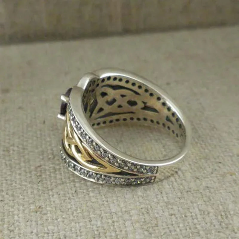 Vintage Women'S Fashion Two Tone Silver & Gold Red Ruby & Blue Sapphire Celtic Ring Anniversary Gift Engagement Bridal Wedding Jewelry Rings Size 5-10