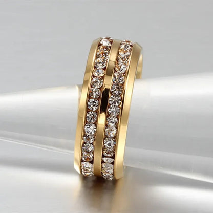 Fashion Exquisite Women Men 8mm Stainless Steel Unique Double Row Crystal Diamond Ring Wedding Band Jewelry Gifts(Size 5-13)