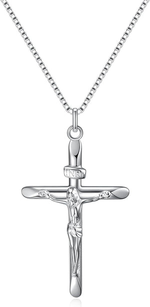 925 Sterling Silver Crucifix Pendant Necklace for Women, Jesus Christ on INRI Cross Necklace