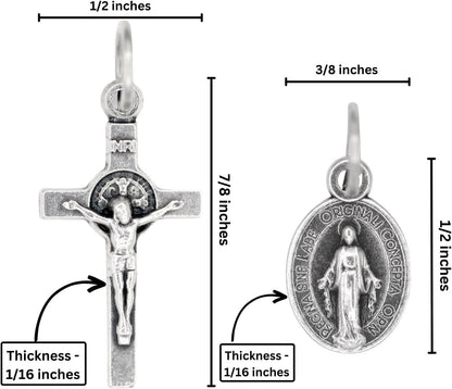 Silver Oxidized Italian Crucifix and Mary Mini Miraculous Medal Necklace on 16" Stainless Steel Chain - Jesus Mary Chain Catholic Necklace for Women, Couples Necklace, Unisex Religious Medal Necklace